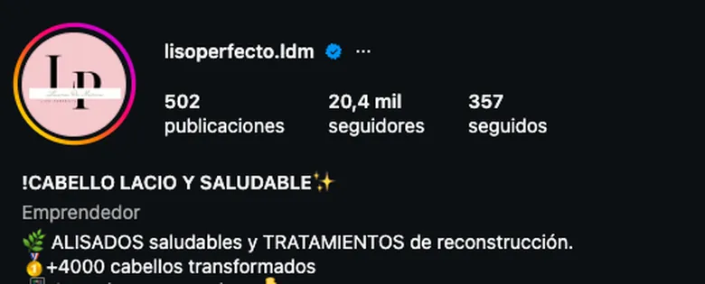 Perfil de Instagram de Liso Perfecto (@lisoperfecto.ldm): 502 publicaciones, 20,4 mil seguidores, y la descripción “ALISADOS saludables y TRATAMIENTOS de reconstrucción”.