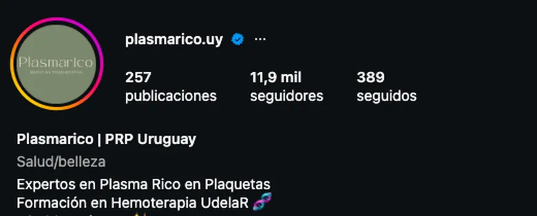 Perfil de Instagram de Plasma Rico (@plasmarico.uy): 257 publicaciones, 11,9 mil seguidores, y la descripción “Plasmarico | PRP Uruguay · Expertos en Plasma Rico en Plaquetas”.